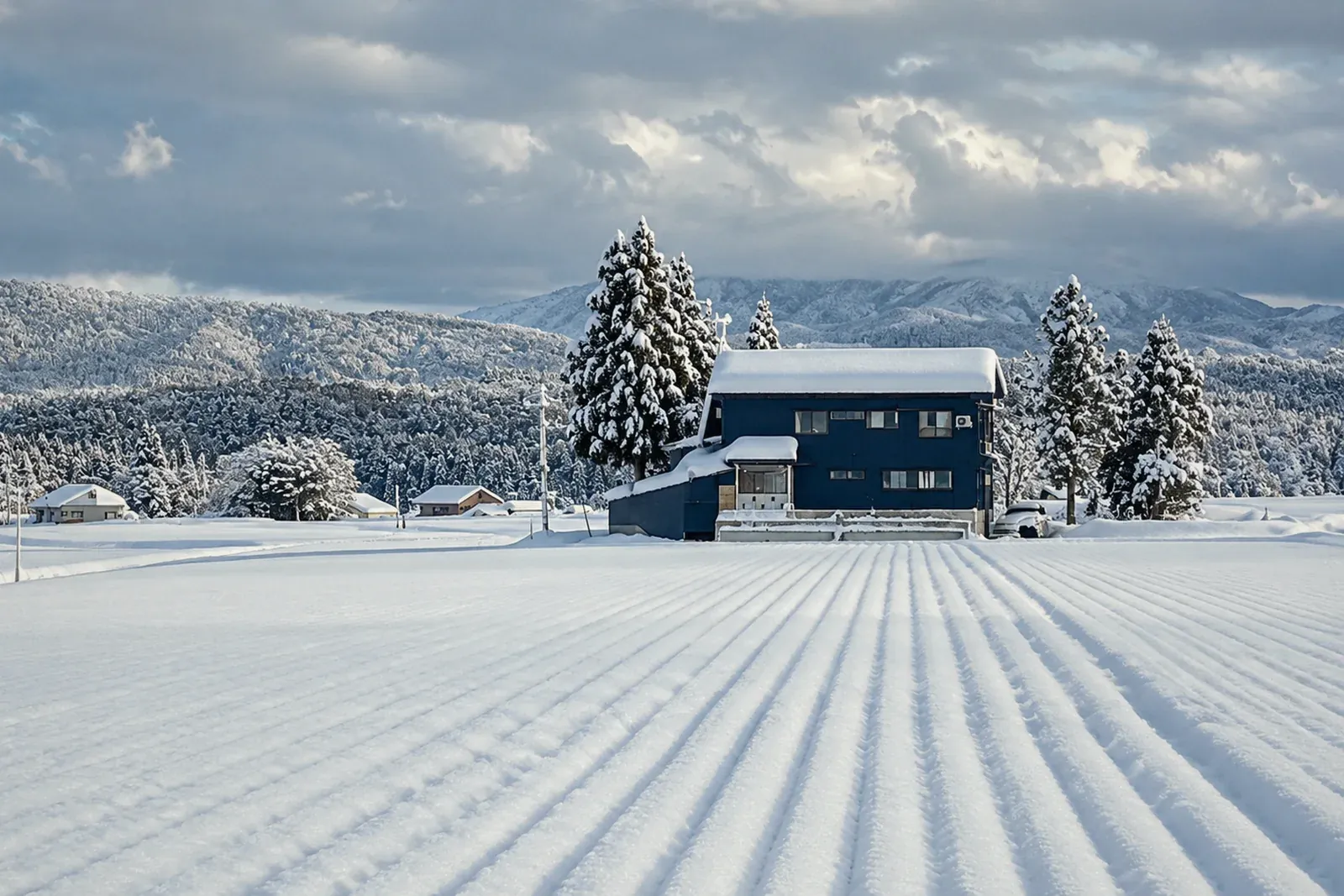 The lodge alone in snow-covered rice fields under a cloudy winter sky.