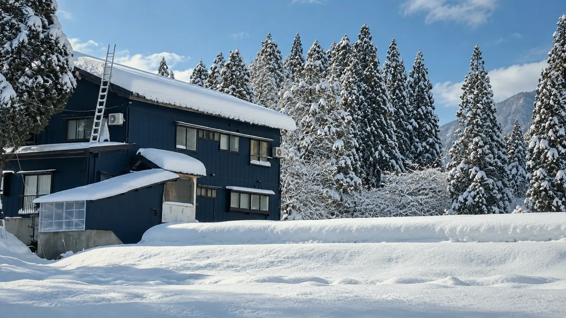 The navy timber lodge under a heavy roof of snow, cedars laden with snow behind it.