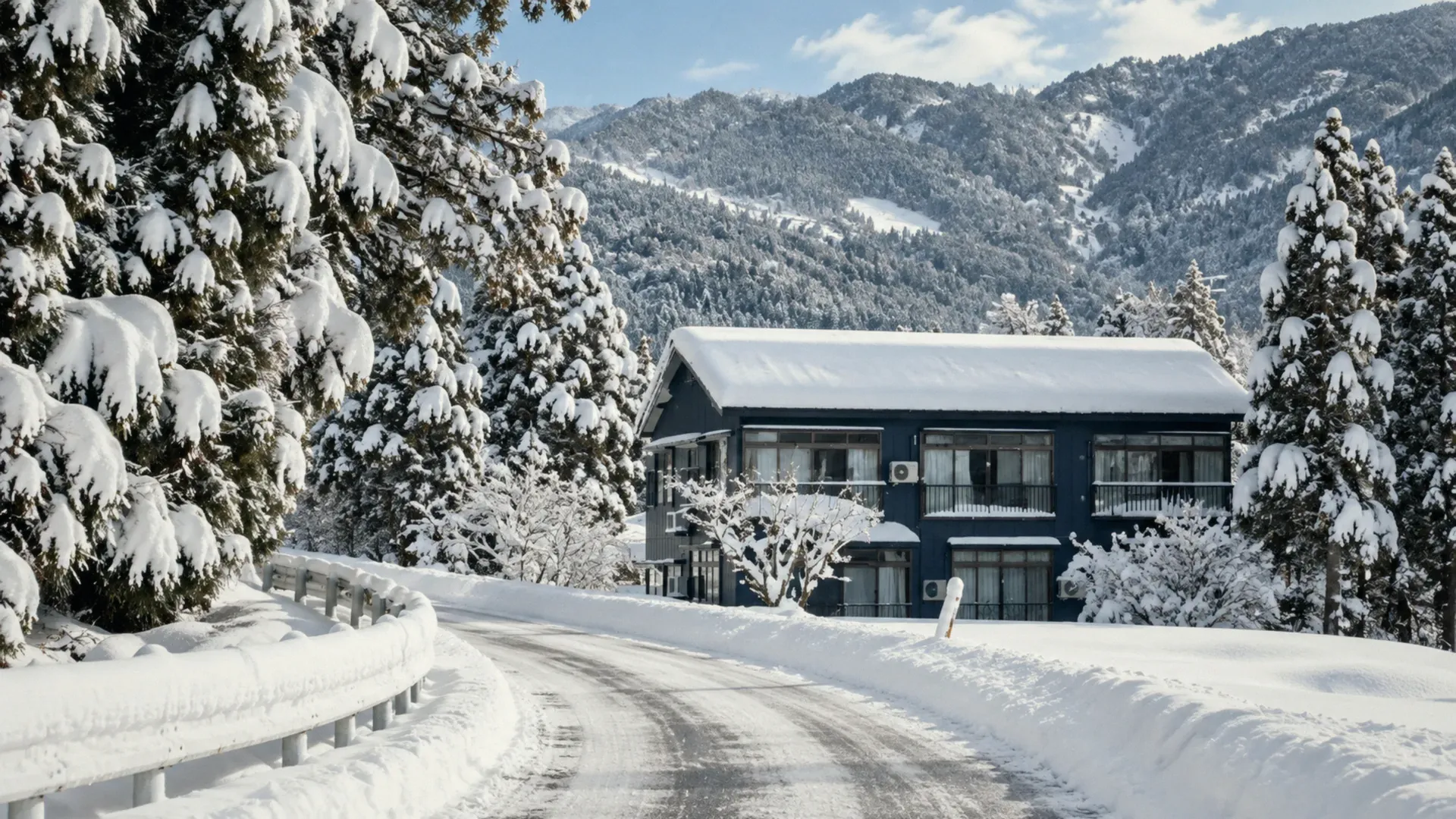The lodge beside a cleared road, snow-covered cedars around it and the mountains behind.